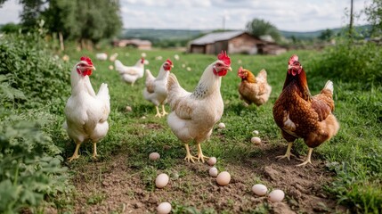 Fototapeta premium free-range chickens grazing in an organic farm, lush green fields with scattered eggs under bushes