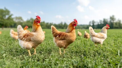 free-range hens laying eggs in a grassy organic farm, trees and bushes providing shade and natural food