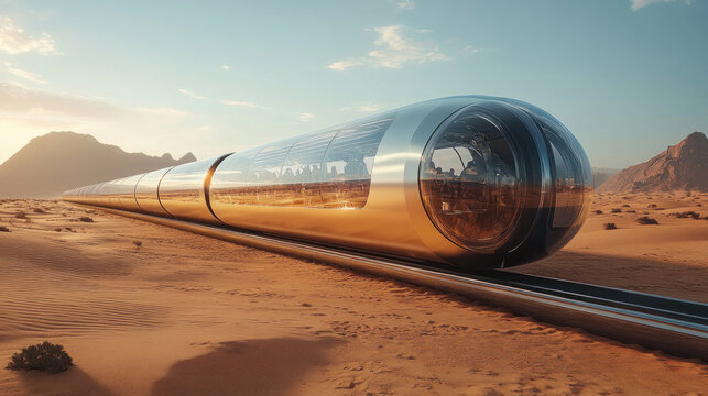 A hyperloop tube cutting through a vast desert landscape, with passengers enjoying a high-tech, zero-emission ride through transparent windows revealing breathtaking views