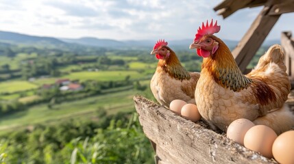 Fototapeta premium chickens in a traditional wooden coop laying eggs naturally, rustic countryside landscape in the background