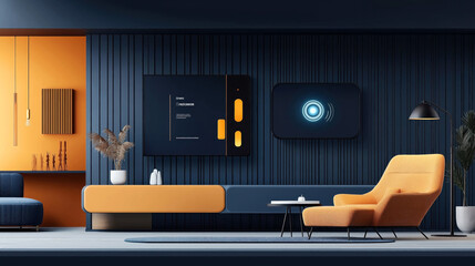 Modern living room interior with orange accent wall, minimalist orange chair, blue wooden paneling, and digital display screens.
