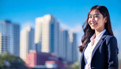 A side profile of an Asian businesswoman smiling under the dazzling lights of the city.