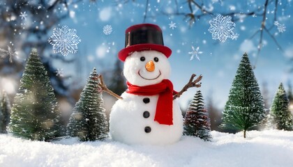 a cheerful snowman with a red scarf and hat stands in a snowy landscape with falling snowflakes surrounded by evergreen trees and holiday spirit
