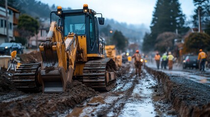 Construction site with machinery working in muddy conditions.