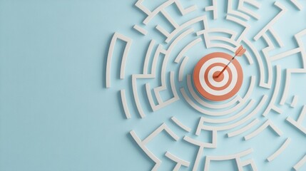 Bullseye target in the middle of a maze, with all paths leading toward it in a metaphor for focus, 3D illustration