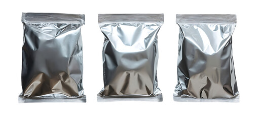 three set of aluminum foil food packaging bag isolated transparent background