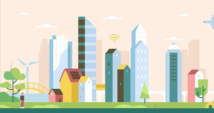 Smart city landscape. Moving banner with urban architecture and infrastructure with skyscrapers, houses, highway, drones and high speed internet. Modern Cityscape. Cartoon flat animated graphics
