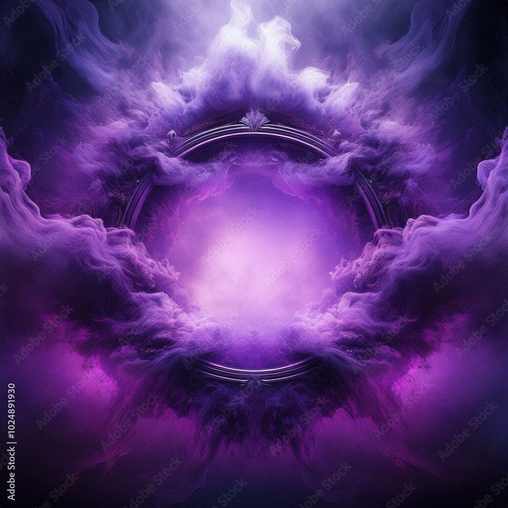 Wall mural smoke exploding outward from circular empty center dramatic smoke or fog effect with purple scary gl