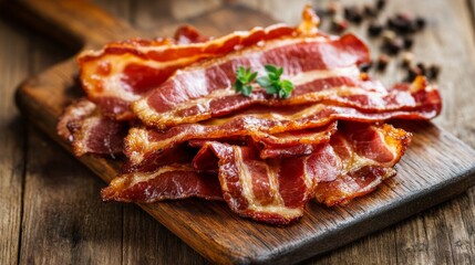 Obraz premium Delicious Crispy Bacon Strips on Wooden Board