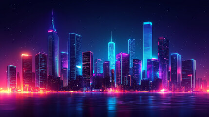 Naklejka premium Neon-lit futuristic city skyline with towering skyscrapers, night scene, vibrant glowing lights scattered across buildings, creating a cyberpunk urban landscape, front view