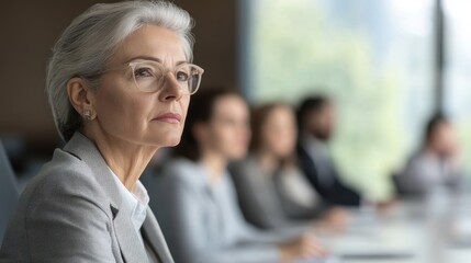 Senior businesswoman sitting in a meeting room, coworkers blurred in the background, simple composition with minimal distractions.