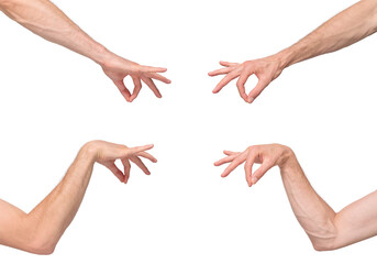 Two sides of male hand in a holding position by joining the thumb and index finger, isolated on transparent background, png file. The hand holds something neatly and elegantly.