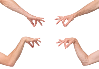Two sides of male hand in a holding position by joining the thumb and index finger, isolated on transparent background, png file. The hand holds something neatly and elegantly.