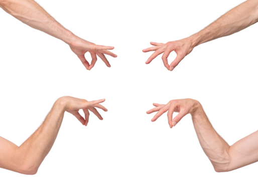 Two sides of male hand in a holding position by joining the thumb and index finger, isolated on transparent background, png file. The hand holds something neatly and elegantly.