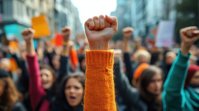 Demonstration with a crowd of international people, fists raised in solidarity, woman protests, international woman day