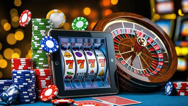 A close up shot of a casino table with a roulette wheel, poker chips and a tablet with a slot machine display, glowing lights in the background.