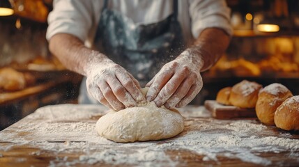 A baker hands working dough on a flour-dusted wooden table, with a cozy bakery setting in the background