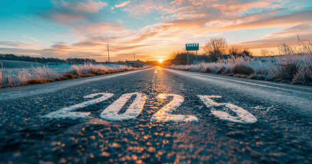 Obraz premium Sunrise Road to 2025 New Year Asphalt Journey