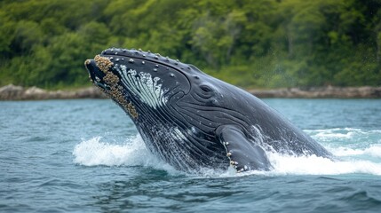 Fototapeta premium Humpback Whale Breaching in Ocean Water Splashing Close Up Wildlife Photography