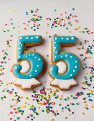 Fototapeta premium Decorated cookie, number 55, image for birthday or anniversary celebration