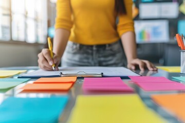 Person in yellow shirt planning and organizing with colorful sticky notes and documents on a table in a bright office space.