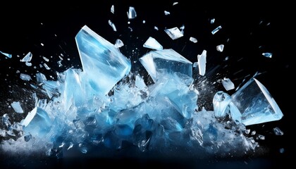 abstract blue ice crash explosion parts on black background shattered ice fragments dynamic ice burst effect high impact frozen explosion dramatic blue ice visual intense ice impact design