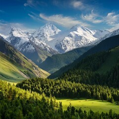 Fototapeta premium snow capped mountains and lush green valleys