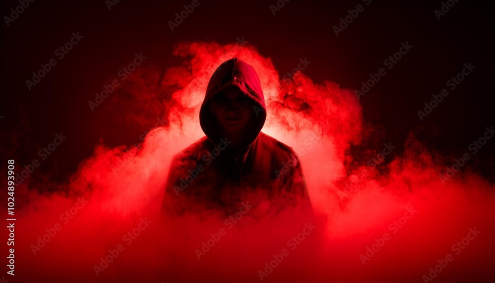 Wall mural a hooded figure emerges menacingly from thick red fog with a dark background creating a mysterious a