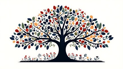 A Scandinavian folk art-inspired illustration of a stylized tree, filled with geometric patterns and leaf motifs, bold colors like navy blue, red, and green, symmetrical and minimalistic design,