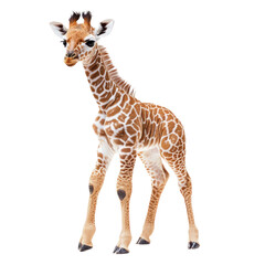 Newborn baby giraffe with long, spindly legs and distinctive spots, standing on shaky legs. isolated on transparency background