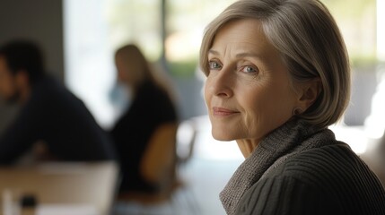 Senior businesswoman sitting in a meeting room, coworkers blurred in the background, simple composition with minimal distractions.