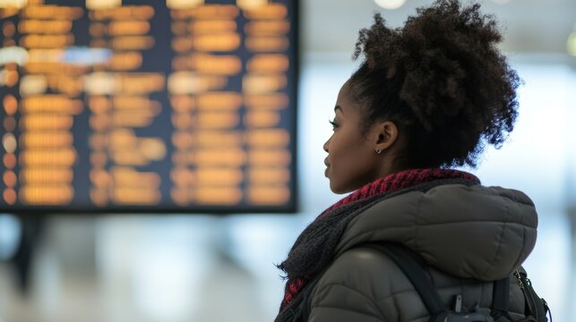 An African American person standing in front of a flight information display at an airport, - Powered by Adobe