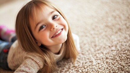 Fototapeta premium Smiling young girl sitting on the floor, looking to the side, close-up portrait with ample copy space.