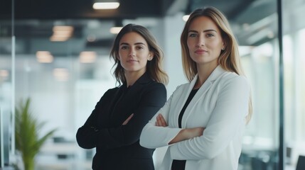 Confident female business partners standing together in a sleek corporate office, minimal background focusing on their professionalism.