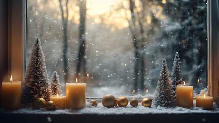 winter festive festival Christmas snow celebration cozy warm home living room indoor wooden table lit candles snowy landscape peaceful atmosphere fireplace