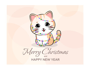 Cute cat wrapped in garland. Merry Christmas and Happy New Year background, greeting card, poster, holiday cover. Christmas template in modern minimalist style for web, social media, print
