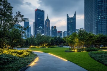 Obraz premium Urban Green Space Park: Modern City Park with Green Lawn and Office Buildings in Shanghai at Dusk