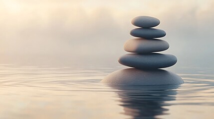 A tranquil zen composition of smooth stones balanced in a vertical stack, subtle gradients of gray and beige, soft reflections on a calm water surface, gentle ripples radiating outward,