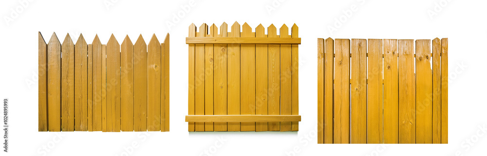 Poster A yellow wooden fence with pointed tops and a single horizontal rail.