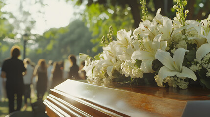 solemn funeral close-up wooden casket white flowers lilies carnations mourners formal attire outdoors respectful peaceful, reflective, dignified gathering burial bury