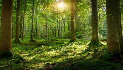 Fototapeta premium a lush green forest illuminated by dappled sunlight filtering through the canopy creating a magical atmosphere