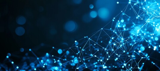 Abstract Blue Tech Background with Connecting Lines, Triangles, Dots, and Bokeh Effect