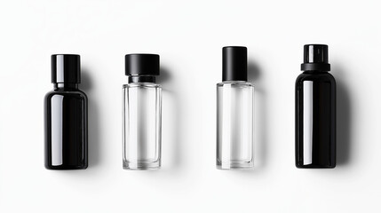 Four small empty bottles, two black and two transparent, with black caps on a white background, arranged in a neat row.