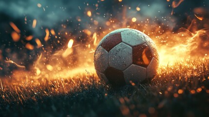 Fototapeta premium A soccer ball sits on a grassy field surrounded by fiery flames and sparks.
