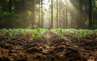Lush green seedlings emerging from rich soil in a sunlit forest setting.