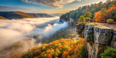 Misty autumn morning view of Hawksbill Crag in the Ozark Mountains, Arkansas