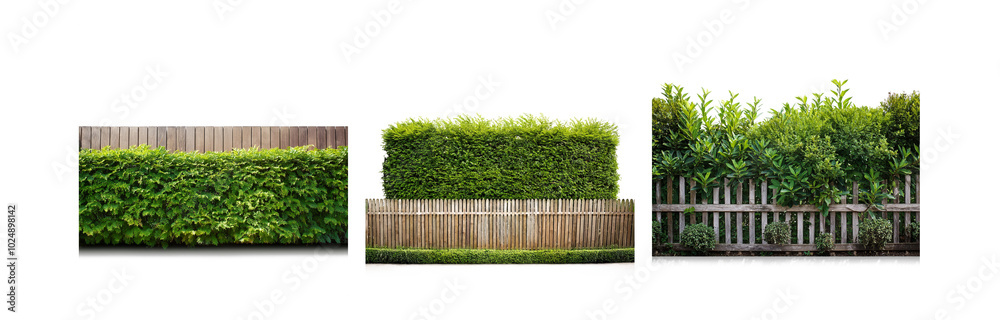 Poster three sections of a wooden fence are shown. each section has a different style of hedge growing on t