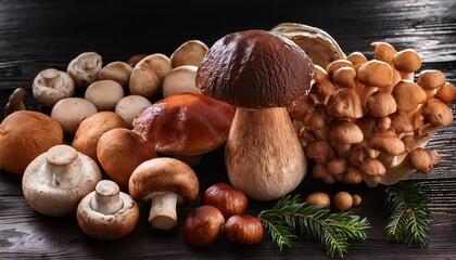 Fototapeta premium fresh mixed forest mushrooms on the wooden black table