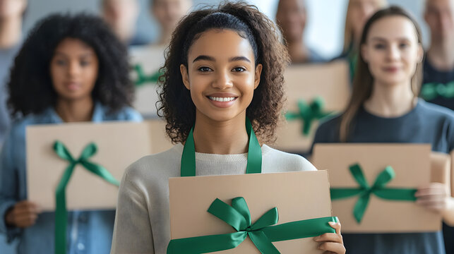 World Mental Health Day campaign with people holding supportive signs and wearing green ribbons