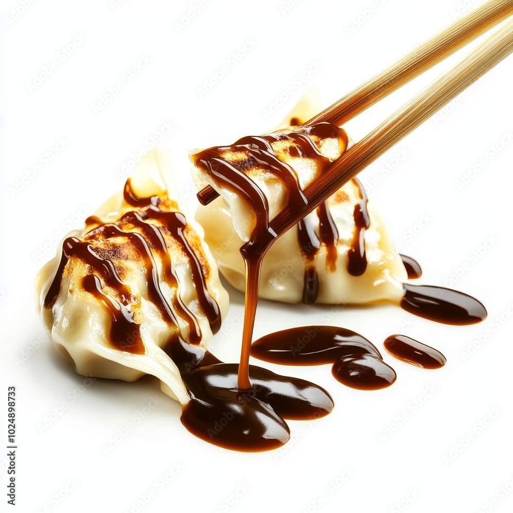 Poster holding a soy sauce-dripping dumpling with chopsticks